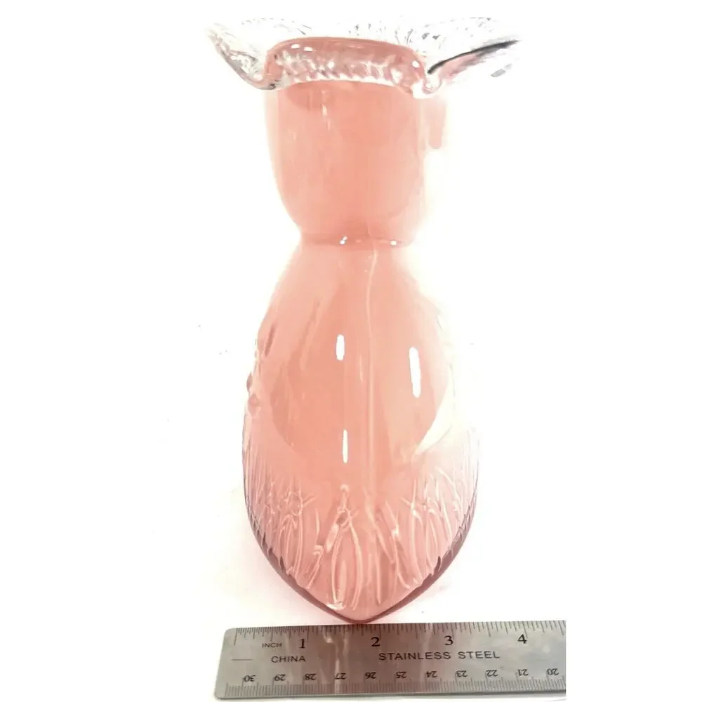 Vintage Pink Satin Glass Vase Embossed Floral Clear Ruffled Rim 7.5” Art Glass